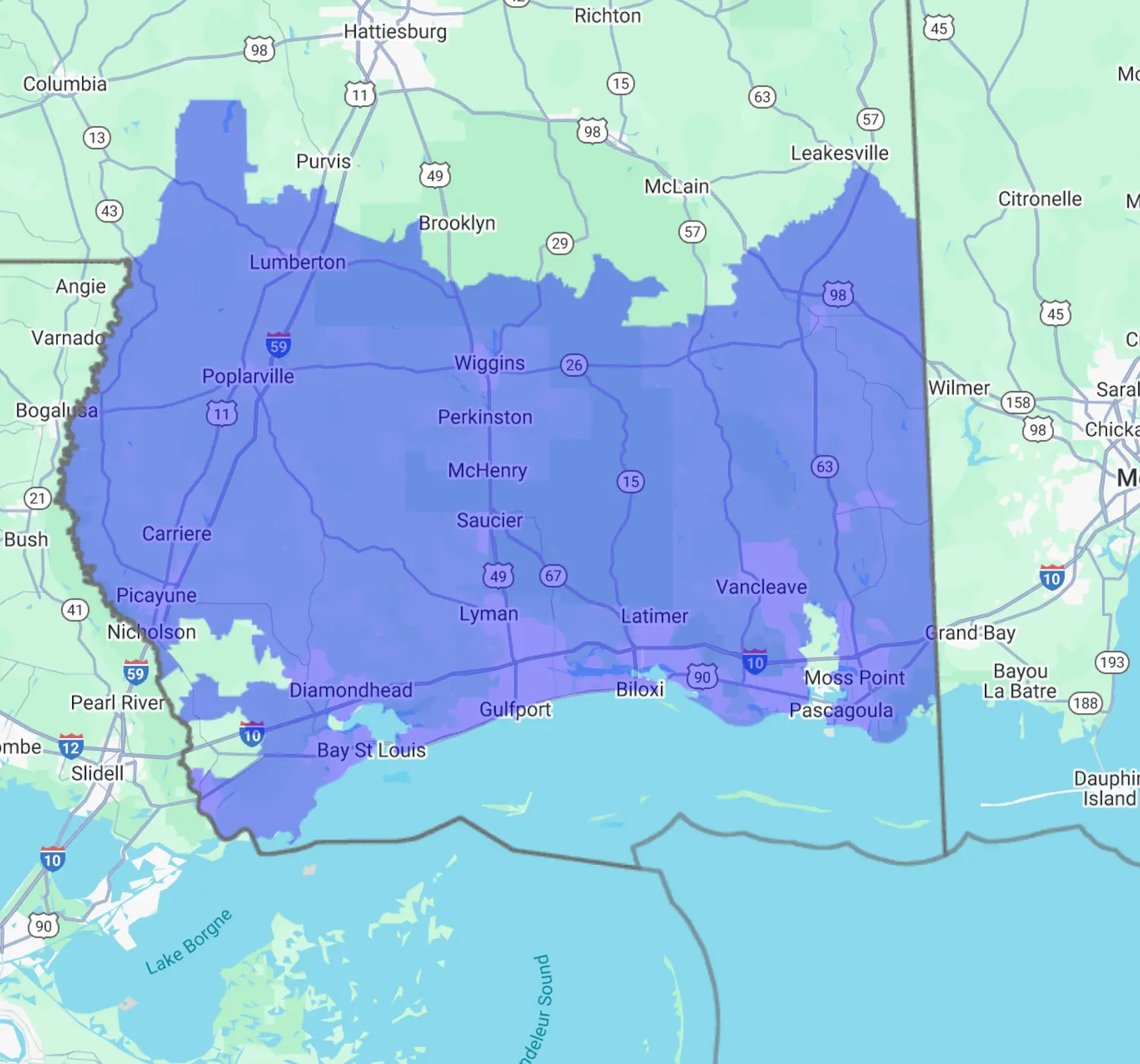 servce-area-map-lp-coastal-mississippi Pool installations for Saucier, Biloxi, Gulfport, Bay St. Louis, Ocean Springs, Wiggins, Long Beach, and Pass Christian